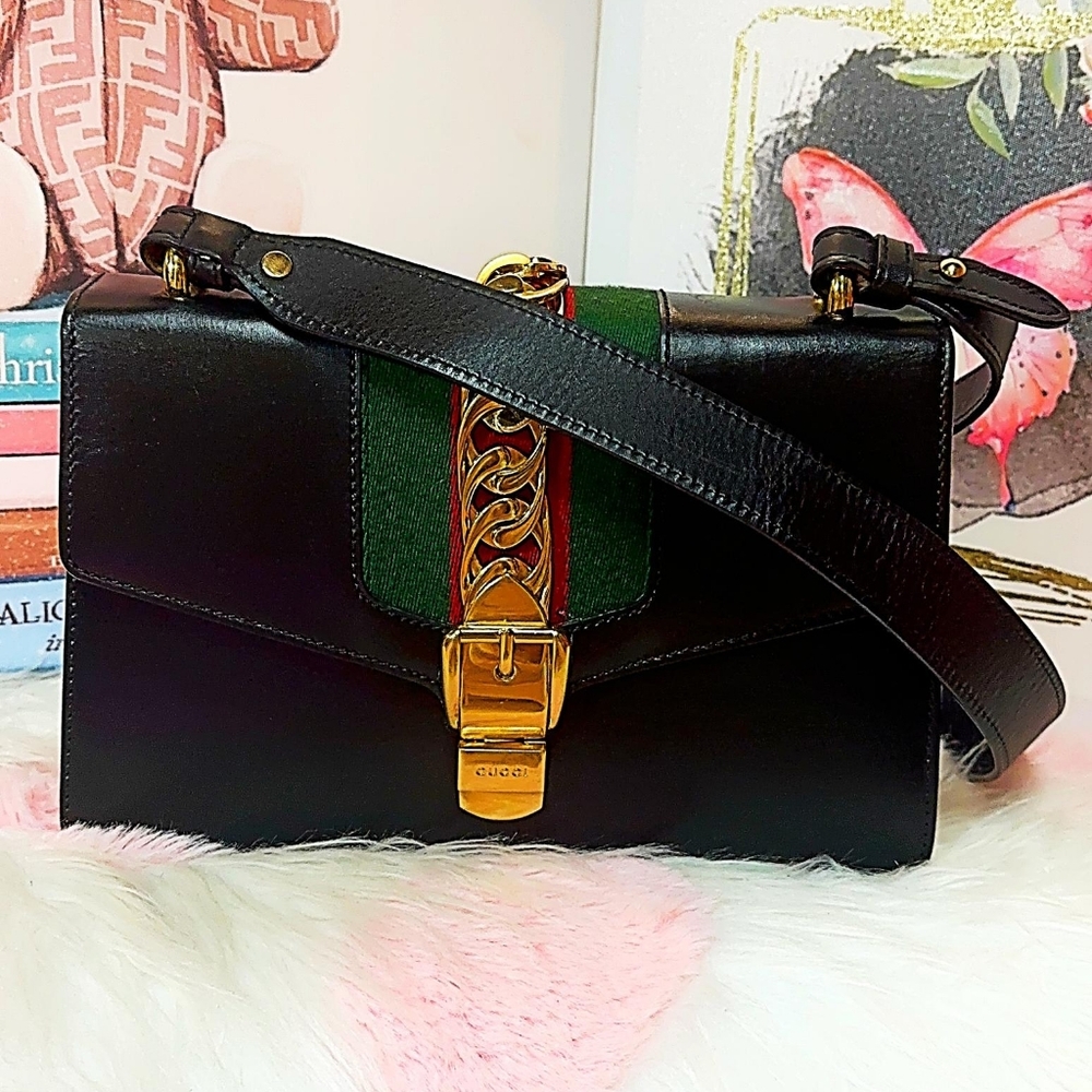 Authentic Gucci Shoulder Bag Sherry Line Black Leather - Picture 11 of 14